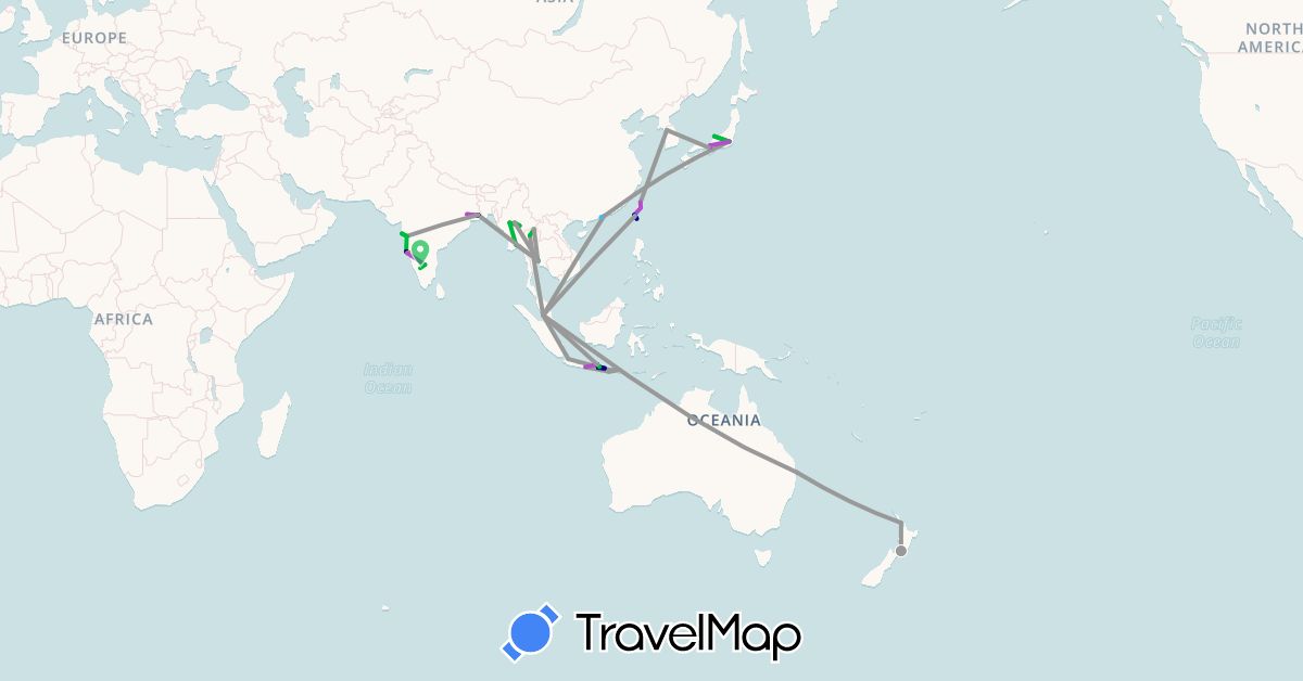 TravelMap itinerary: driving, bus, plane, train, boat, hitchhiking in Australia, Hong Kong, Indonesia, India, Japan, South Korea, Myanmar (Burma), Macau, Malaysia, New Zealand, Thailand, Taiwan (Asia, Oceania)
